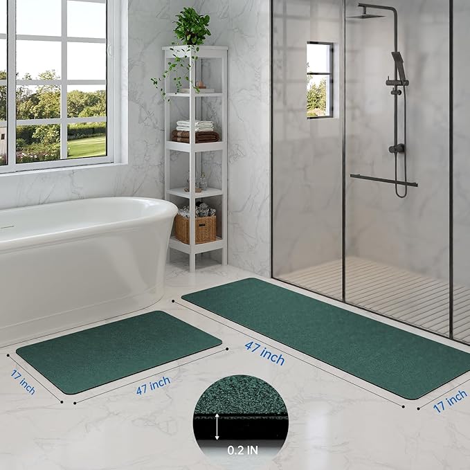 Bathroom Rugs Sets 2 Piece - Quick Dry Super Absorbent Bath Mat for Bathroom Diatomaceous Earth Bathroom Rugs with Rubber Backing Non-Slip Bath Mat Rugs for Shower Floor, 47x17 + 24x17, Dark Green