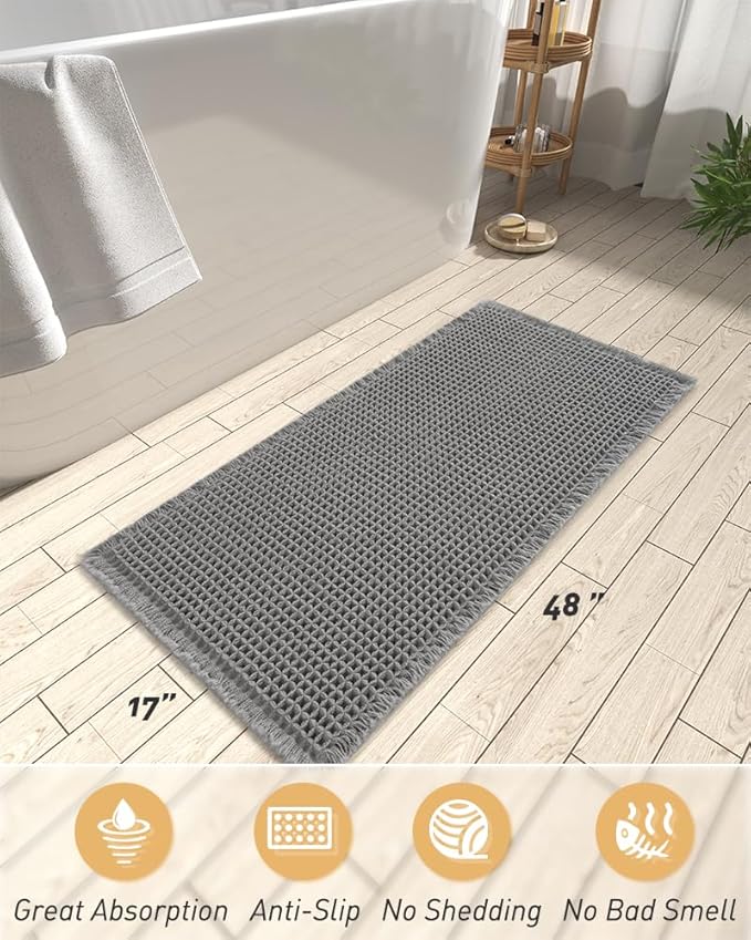 AMOAMI Upgraded Waffle Runner Rug Super Absorbent Non Slip Bath Mats for Bathroom Floor Machine Washable Bathroom Runner Rug with Tassels, Ideal for Hallway Bedroom Laundry Room, Dark Grey, 17" x 48"