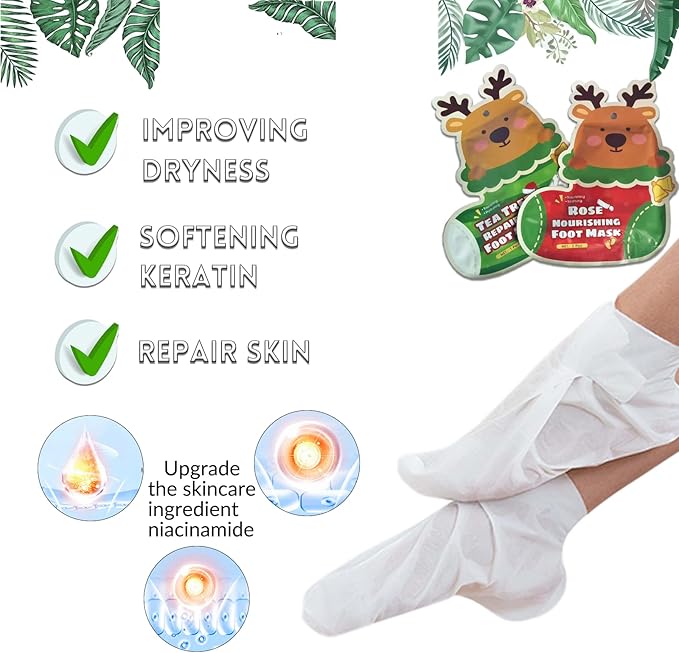 Foot Mask Hand Mask Christmas Gifts Hydrating Moisturizing 12 Packs Gloves & Socks Intensive Repairing Masks Peeling Mask for Women Dry Cracked Set Coconut Oil Tea Tree Extract Elitzia ETXJ2409