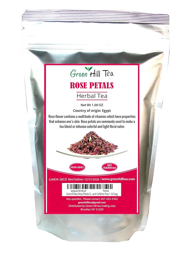 Greenhilltea Rose Petals Dried Flowers in Resealable Pouch, Edible Flowers for Herbal Tea, Rosewater, Baking, Decorating Desserts, Gluten and Caffeine Free 1 OZ bag