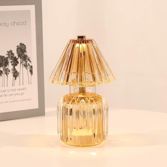 Battery Operated Lamp with Auto-Off Timer, Cordless Table Night Light for Bedroom & Entryway, Portable LED Lamp for Home, Outdoor, Camping No Battery Included (Umbrella Design - Amber)