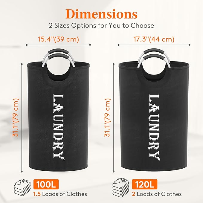 Lifewit 120L 2-Pack Large Laundry Basket, Collapsible Laundry Hamper with Aluminum Handles, Waterproof Freestanding Dirty Clothes Hampers for Laundry Room Bedroom Dorm Bathroom, Black