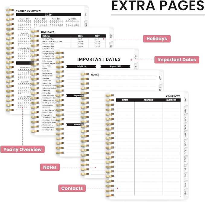 2026 Planner, Monthly and Weekly Calendar Planner for Women, January 2026 - December 2026, Hardcover Pretty 2026 Agenda Planner Book with Tabs, Spiral Bound, Perfect for School Office Home Supplies, 6.3" x 8.5" - Painted Bloom