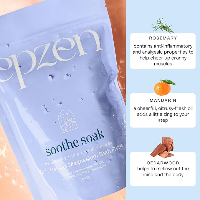 epzen Natural Magnesium Bath Flakes, Essential Oils, Rosemary, Magnesium Chloride, Paraben & Sulfate Free, Cruelty Free, 17.6oz