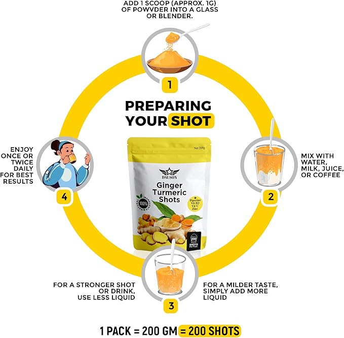 Ginger Turmeric Supplements with Piperine, Vitamin C, Vitamin D3 & Zinc | Turmeric Ginger Shots for Joint, Heart, Brain, Gut & Skin Health | 200 Servings | Ayurvedic | Powder