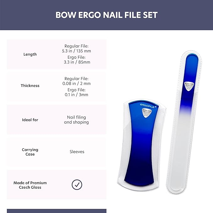 BONA Fide Beauty Glass Nail File Manicure Set, 2-Pieces Blue Ergonomic Comfort Grip Bow Ergofile for Gentle & Efficient Filing, Nail Care Tools Genuine Czech Glass