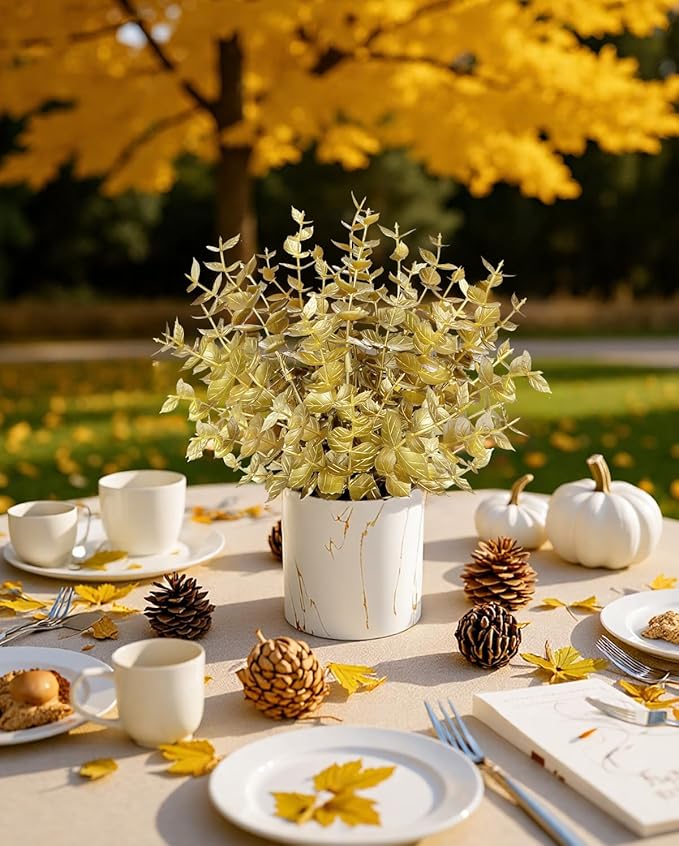 2 Pack Gold Artificial Eucalyptus Plant in Marble Pot, Faux Potted Greenery for Home Decor, Wedding Centerpiece, Christmas Table Decoration, Office Desk & Housewarming Gift