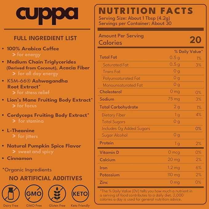 Cuppa Healthy Mushroom Insant Coffee with Lion's Mane & Ashwagandha for All Day Energy & Focus - No Crash or Jitters - Nootropics for Brain Health, Gut Health, Immunity, Stress, Memory + Mood (30 Servings, Pumpkin Spice)