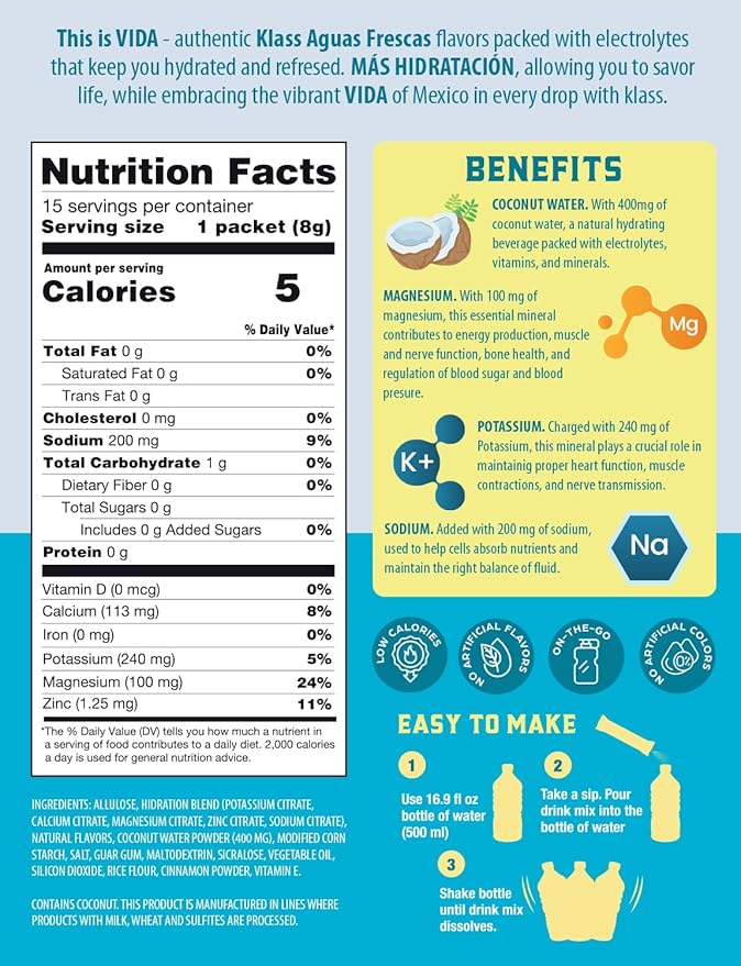 KLASS VIDA Electrolyte Drink Mix – Horchata Agua Fresca Flavor | Sugar-Free Hydration Powder with Coconut Water & Minerals | 15 Single-Serve Stick Packs in Resealable Pouch, Low Calorie