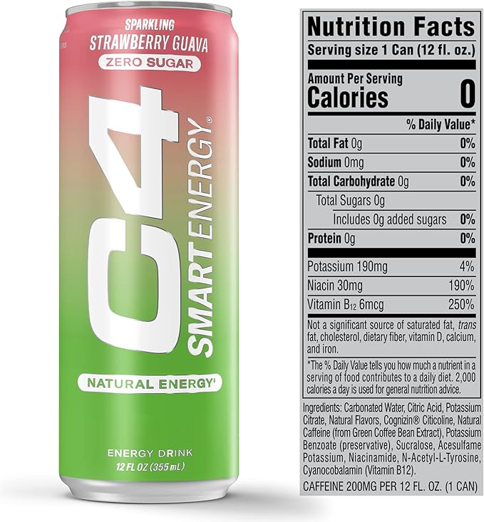 Cellucor C4 Smart Energy Drink - Sugar Free Performance Fuel & Nootropic Brain Booster, Coffee Substitute or Alternative | Strawberry Guava 12 Oz - 12 Pack