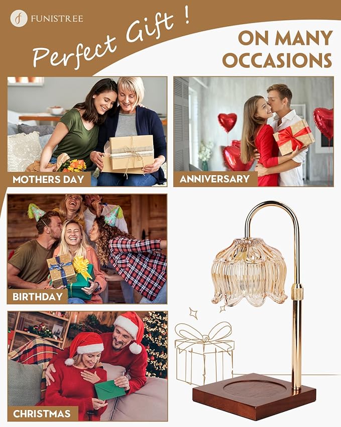 Candle Warmer Lamp with Timer Dimmable, Height Adjustable Birthday Gifts for Women Mom House Warming, Home Decor, Lotus Flower Candle Lamp Warmer 2 Bulbs Inc (Amber)