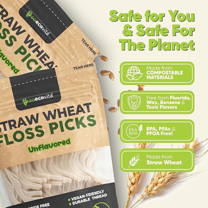 Dental Floss Picks - Straw Wheat Flossers | Thin & Shred-Resistant Thread for Tight Gaps | Flossers for Adults | Gentle on Gums & Teeth | Vegan (100 Pack, Unflavored)