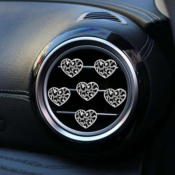 6 Pcs Heart Air Vent Clips, Cute Heart Cars Air Fresheners Vents Clips Funny Cars Diffuser Vent Clips Car Interior Decor Charm Cute Car Accessories Decoration for Women Automotive (Leopard Texture)
