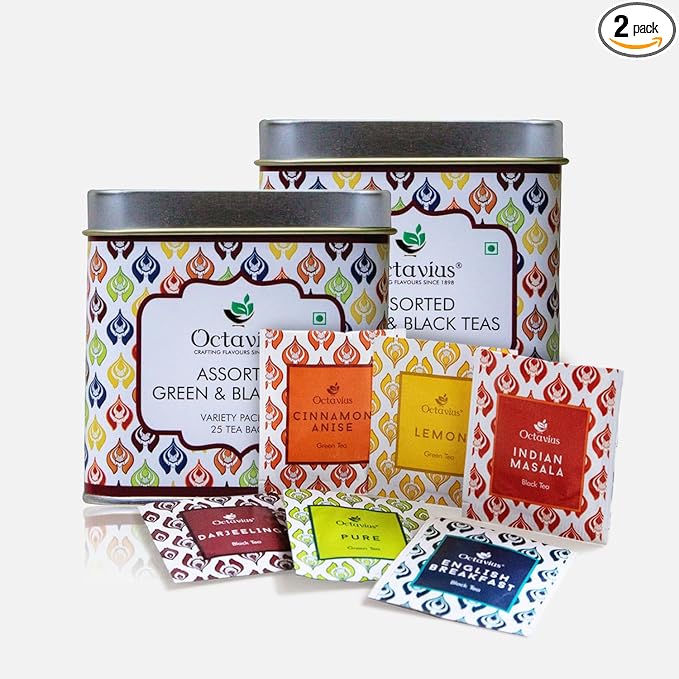 Octavius Tea Variety Pack | 6 Assorted Black & Green Teas | 25 Teabags | Tea Sampler Pack | Pack of 2