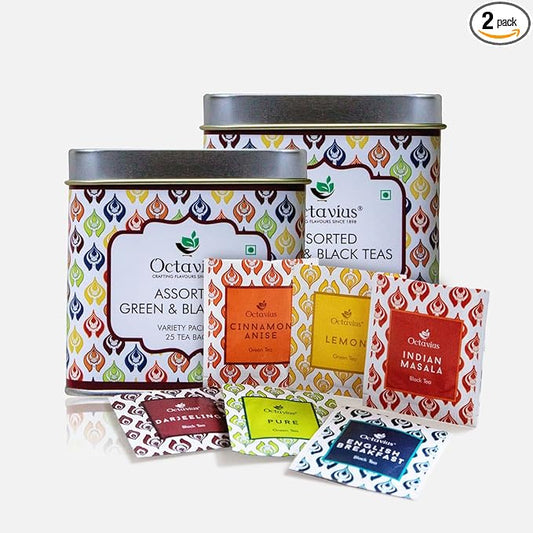 Octavius Tea Variety Pack | 6 Assorted Black & Green Teas | 25 Teabags | Tea Sampler Pack | Pack of 2
