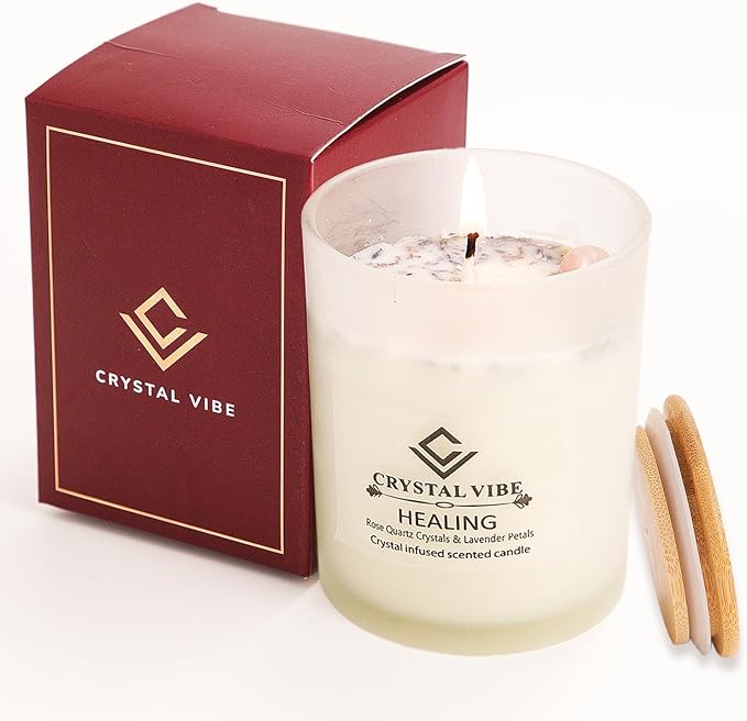 Crystal Vibe Healing Crystal Candle with Rose Quartz Crystals and Lavender Petals - Natural Soy Wax Lavender Scented Candle for Aromatherapy Meditation - Birthday Christmas Gifts for Women
