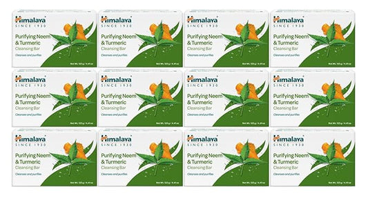 Himalaya Purifying Neem & Turmeric Cleansing Bar, Face and Body Soap for Soft and Clear Skin, 4.41 oz, 12 Pack