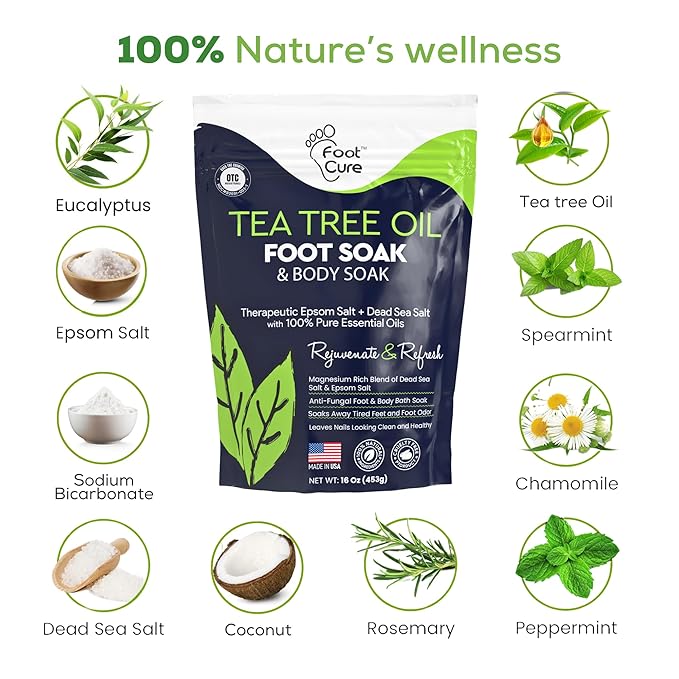 FOOT CURE Tea Tree Oil Foot Soak with Epsom Salt - Best Toenail Fungus Treatment, Athletes Foot & Softens Calluses - Soothes Sore & Tired Feet, Fungal Toe, Foot Odor Scent, Spa Pedicure (Pack of 2)