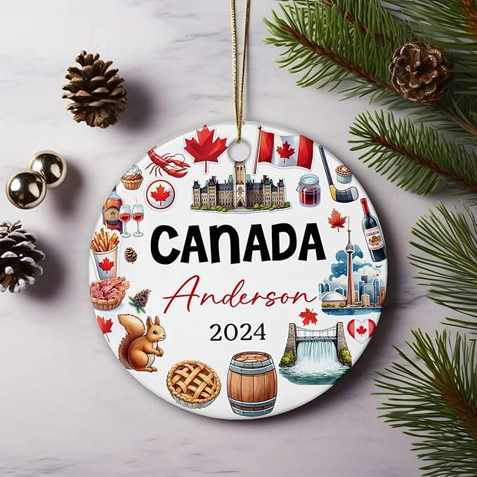 Canadian Xmas Tree Ceramic Ornament, Personalized Canada Cultural Heritage and Traditions Artwork Ornament Christmas 2025, Custom Name Canada Travel Souvenir Ceramic Ornament Gifts for Travel Lover