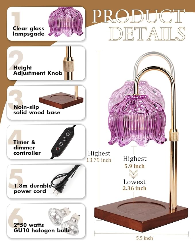 Candle Warmer Lamp with Timer Dimmable, Height Adjustable Birthday Gifts for Women Mom House Warming, Home Decor, Lotus Flower Candle Lamp Warmer 2 Bulbs Inc (Purple)