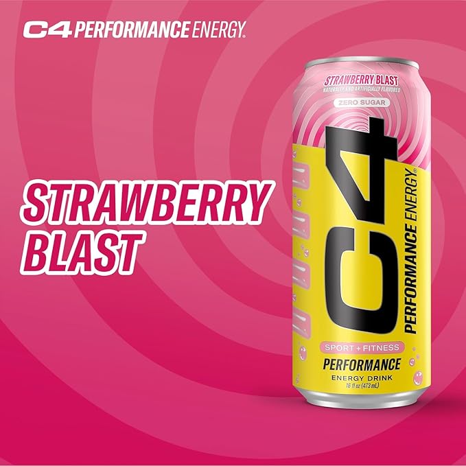 Cellucor C4 Performance Energy Drink | Strawberry Blast | Zero Sugar Carbonated Preworkout Energy | 200mg Caffeine with Beta Alanine | 16 Fl Oz (24 Pack)