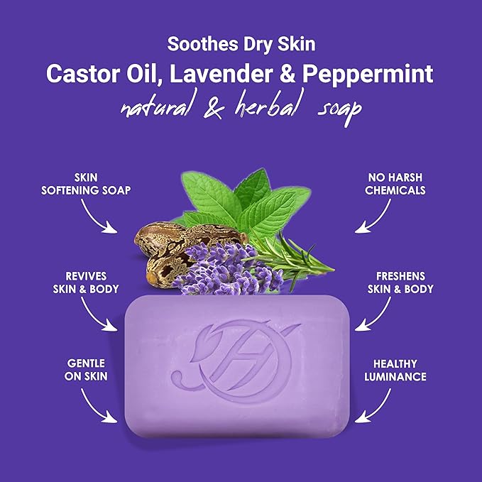 HERBOGANIC Castor oil lavender and peppermint Herbal Soap | Pack of 6 of 5oz soap Bar | Ideal for Men and Women, Soothing and Nourishing Soap for Moisturization