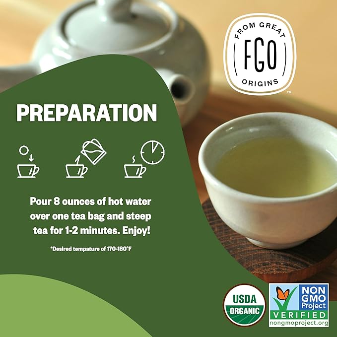 FGO Organic Japanese Matcha + Green Tea, 100 Count, Eco-Conscious Tea Bags, Resealable Bag, Packaging May Vary (Pack of 1)