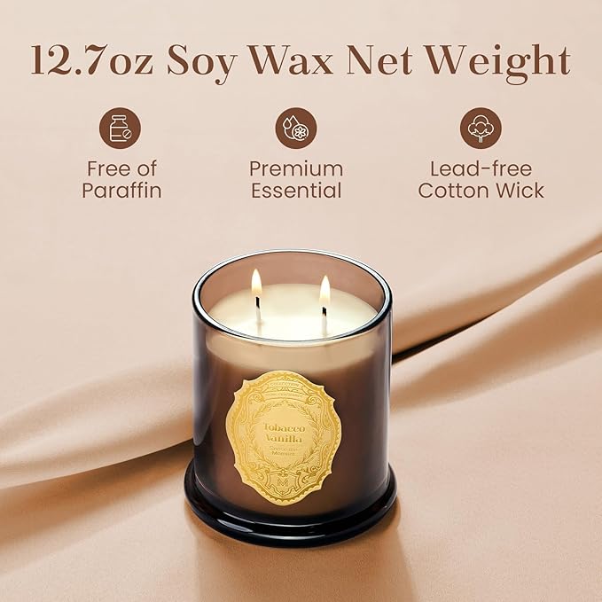 M&SENSE Tobacco Vanilla Candles for Home Scented, 2 Wick 12.7oz Soy Wax Candles Non Toxic,70 Hours Long Burning,Luxury Candles Gift for Stress Relief, Meditation, Yoga