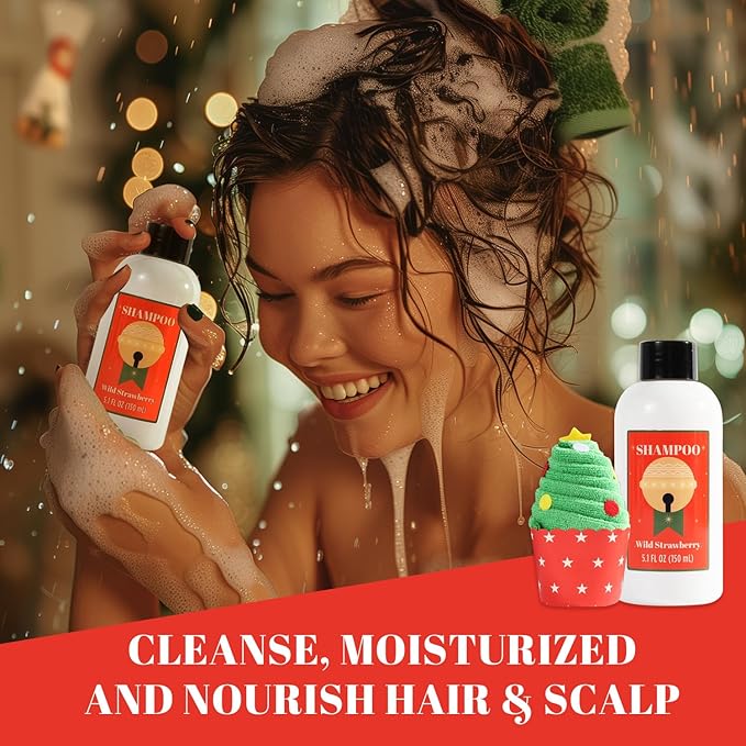 Christmas Bath and Body Gift Set for Women - Holiday Stocking Stuffers With Body Butter, Shower Gel, Lotion, Shampoo, Bubble Bath, Mini Towel - Birthday Gifts