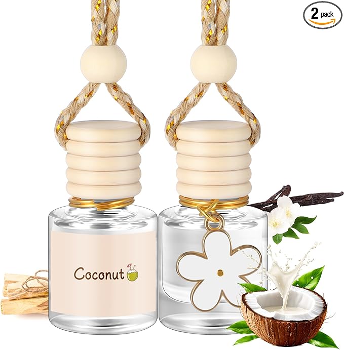 2 Sets Hanging Car Air Freshener and Essential Oil Diffuser, Car Air Freshener Daisy Essential Oil Diffuser Long Lasting Automobile Aromatherapy(White,Coconut)