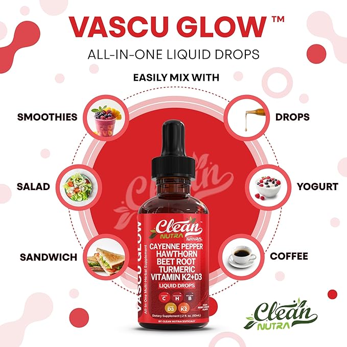Clean Nutra Cayenne Pepper Drops Supplement Liquid + Hawthorn Berry, Vitamin D3 K2 Beet Root Powder, Ceylon Cinnamon, Turmeric Curcumin, Organic Panax Ginseng, Berberine Extract 1 Pack