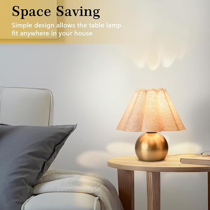 Gold Small Touch Control Table Lamp for Bedroom, Brass Gold Bedside Lamps for Nightstand, Cute Mini Small Table Lamps for Small Spaces with Scalloped Shade for Kitchen Counter, Bookshelf, Living Room