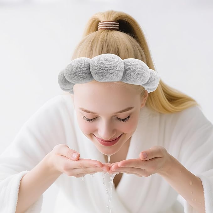 Zkptops Spa Headband for Washing Face Wristband Set Sponge Makeup Skincare Terry Cloth Bubble Soft Get Ready Hairband for Women Girl Puffy Padded Headwear Non Slip Thick Hair Accessory(Grey-2)