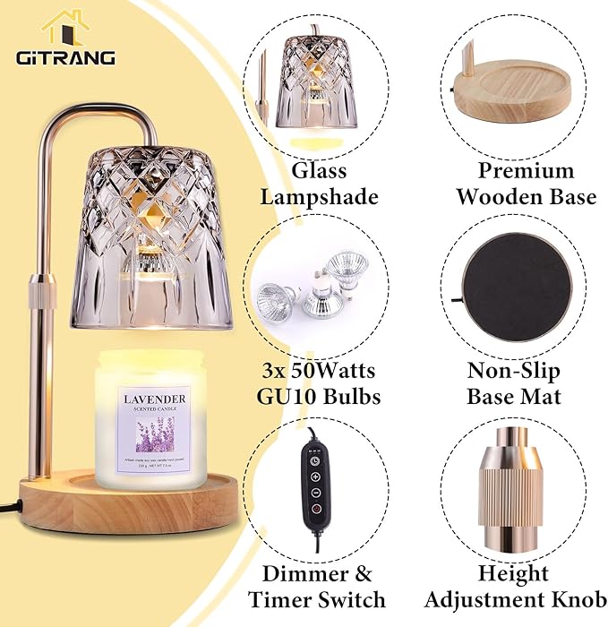 Candle Warming Lamp with Timer Dimmer, Adjustable Height Electric Wax Melt Warmer for Jar Candles with 3 Bulbs, Mother's Day Women's Home Decor Gift, Round Base with Champagne Color Pole