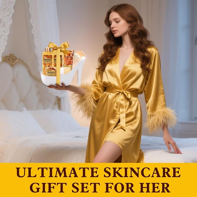 Gifts for Women, Honey Spa Gift Basket for Women, Bath Set with Golden Bath Bombs & Skin-Repairing Butter, Anniversary Gifts for Her, Wife, Girlfriend