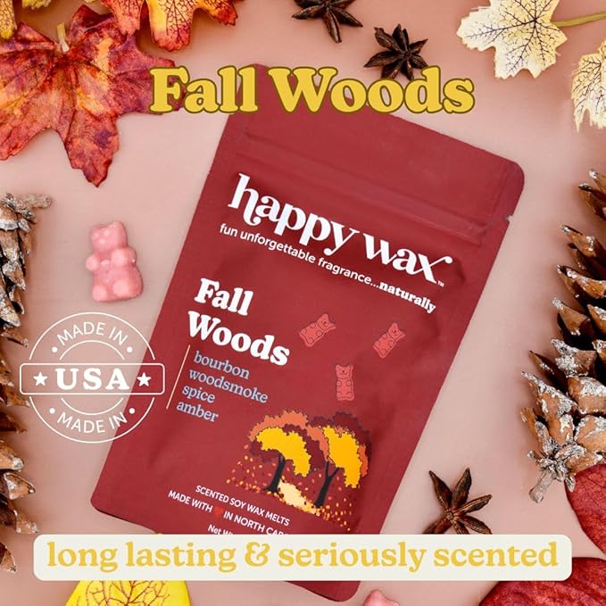 Happy Wax Fall Woods Scented Bear Wax Melts - Natural Strong Fall Infused with Essential Oils - Non Toxic and Pet Safe - for Use with Wax Warmers (8 oz Pouch)