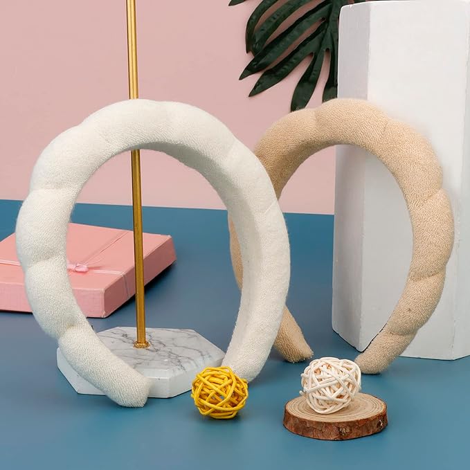 AMCAMI 2 PCS Puffy Spa Headband for Women Sponge Headbands for Girls Terry Towel Cloth Fabric Head Band for Skincare, Makeup Removal(Beige&Light coffee)