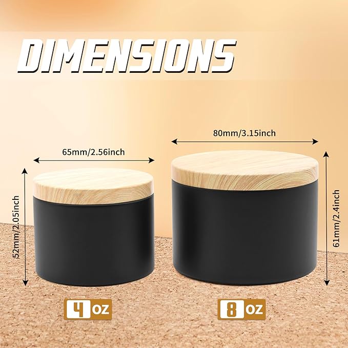 24-Pack Candle Jars, 12pcs 8oz + 12pcs 4oz Candle Tins with Metal Wood-Grain Printing Lids, Empty Candle Jars for Making Candles Bulk Candle Containers - Black