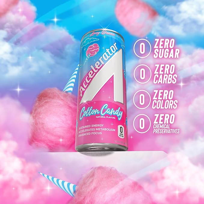 Accelerator Energy Drink Sugar Free, Cotton Candy 12oz can(12 pack) Zero Sugar Energy Drinks with Sustained Energy from 100% Natural Caffeine (200mg) & Green Tea extract