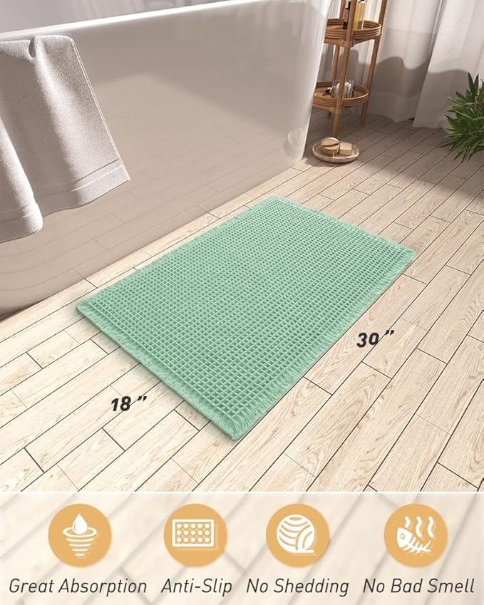 AMOAMI Upgraded Waffle Bath Mat, Super Absorbent Non Slip Bath Mats for Bathroom Floor, Machine Washable Bathroom Rugs with Tassels, Rubber Backed Bathroom Mats, Ultra Soft, 18" x 30", Sage