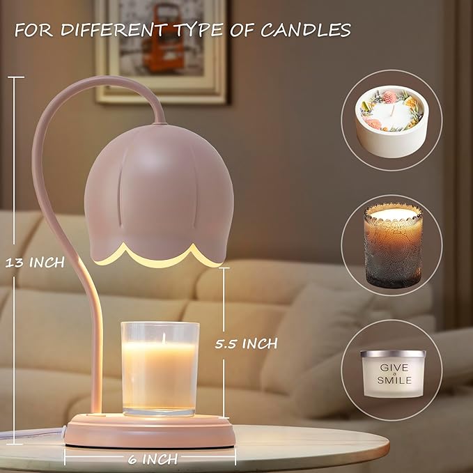 Cute Pink Flower Candle Warmer Lamp with Timer Dimmable, Bedroom House Office Aesthetic Living Girls Room New Home Decor, Christmas Birthday Gifts for Women Mom, Large Bedside Table Scented Wax Lamps