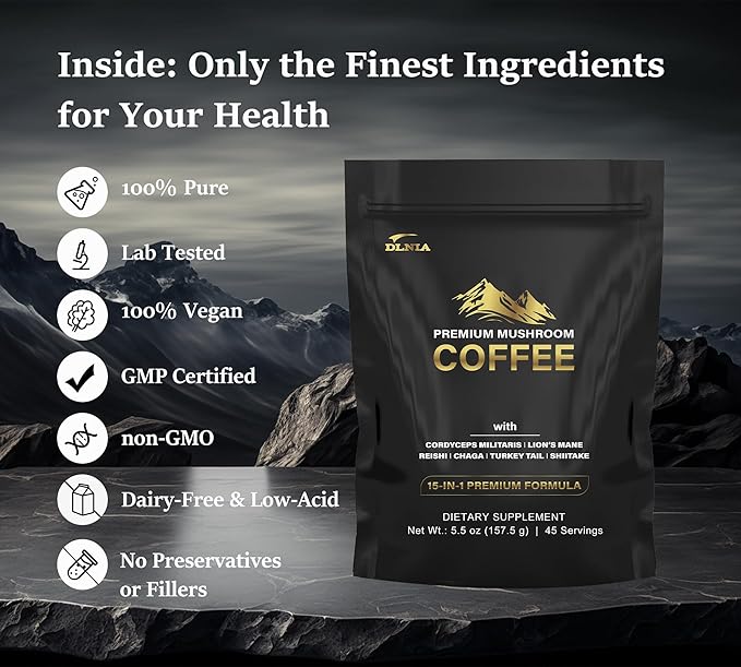 DLNIA Organic Mushroom Coffee with 12 Adaptogenic Mushrooms, Arabica Beans, Coconut Milk & MCT Oil | Cordyceps, Lion’s Mane & Turkey Tail Instant Coffee for Better Energy, Focus, Digestion, Immunity