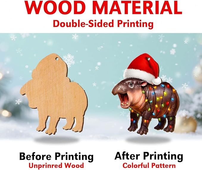 2 Side Printed Flat Christmas Wooden Ornaments, Animal Keepsake Hanging Tree Decoration, Moo Hippo Ornament