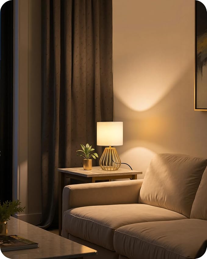 Bedside Table Lamp, Small Table Lamp with Teardrop Cage Linen Lampshade, Modern Nightstand Lamp, Small Cute Desk Lamp for Bedroom, Living Room, 2700K LED Bulb Included, Gold DCW06TL05