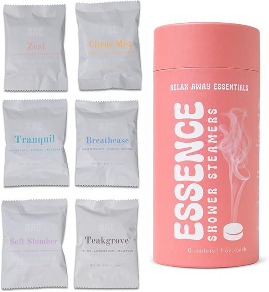 Relax Away Essence Shower Steamers 6 Pack - Essential Oil Aromatherapy - Tranquil, Citrus Mist, Breathe Ease, Teak Grove, Soft Slumber, Zest - Rejuvenate & Relax - Earth-Friendly Packaging
