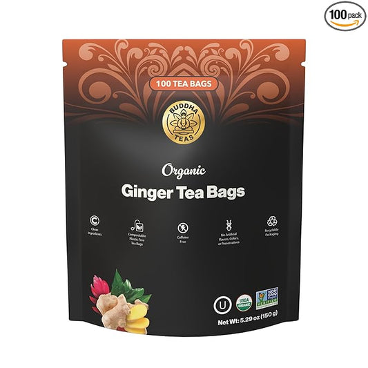 Buddha Teas - Organic Ginger Root Tea Bags - For Health & Wellbeing - With Antioxidants & Minerals - Clean Ingredients - Caffeine Free - OU Kosher & Non-GMO - 100 Non-String Tea Bags (Pack of 1)