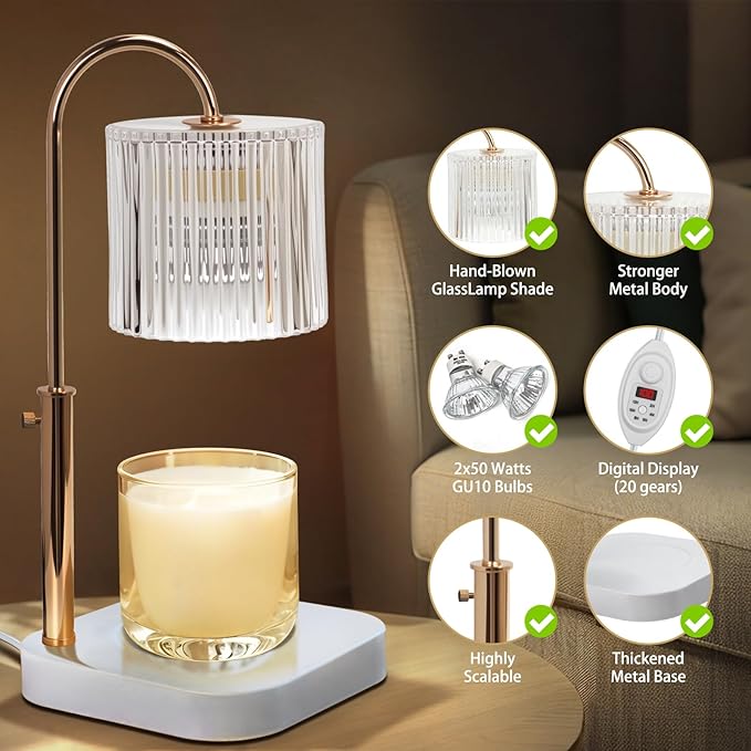 Candle Lamp Warmer with Timer,Electric Candle Light Warmer,Best Friend Birthday Gifts for Women,20 Gears Rotary Dimming with 2 Bulbs
