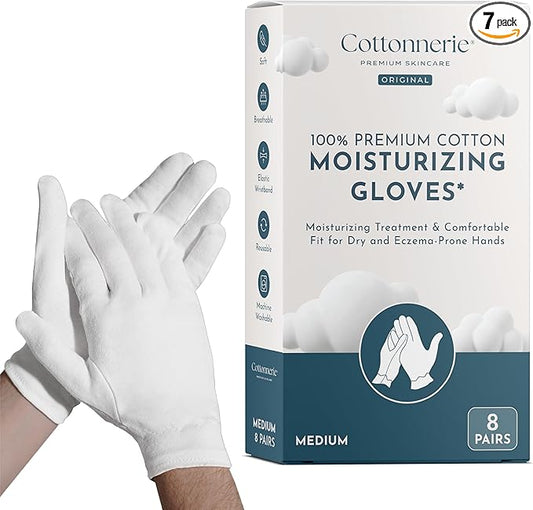 Cottonnerie Original Cotton Gloves for Dry Hands Sleeping, Moisturizing Gloves Overnight, Hand Moisturizer Gloves, Moisture Gloves for Dry Hands Overnight, Sleeping Gloves, Medium 8 Pairs