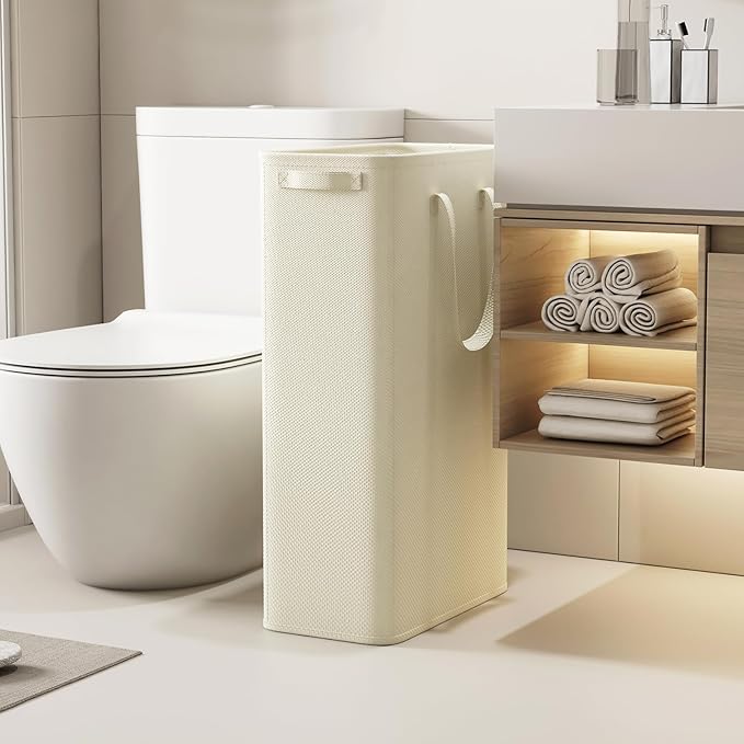 Lifewit 2 Pack Slim Laundry Hamper, Collapsible Narrow Laundry Basket, Small Tall Dirty Clothes Hampers with Handles for Bathroom Bedroom College Dorm, White, 65L