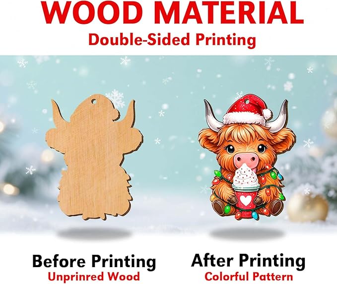 Farmhouse 2 Side Printed Wooden Ornament, Farm Animal Tree Decoration, Baby Highland Cow Ornament, Holiday Hanging Keepsake Gift for Christmas